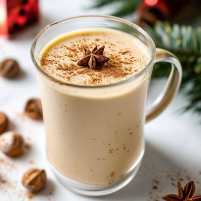 Egg nog in a cup with nutmeg sprinkled over for the holidays